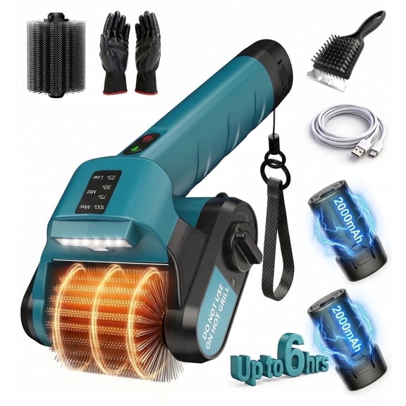 Tanbaby Electric Grill Brush, 2x2000mAh Removable Battery, 6+ Hrs Runtime, 950 RPM Motor, 304 SS Head, with Manual Scraper, BBQ Cleaning Tool for Home, Patio, Camping