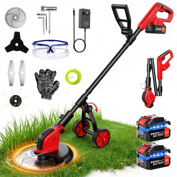 Tanbaby 12-inch Electric Weed Wacker, Cordless Weed Eaters with Wheel, Brushless Grass Trimmer with Two 3.0Ah Battery & 4 Types of Blades for Yard,Garden Gifts