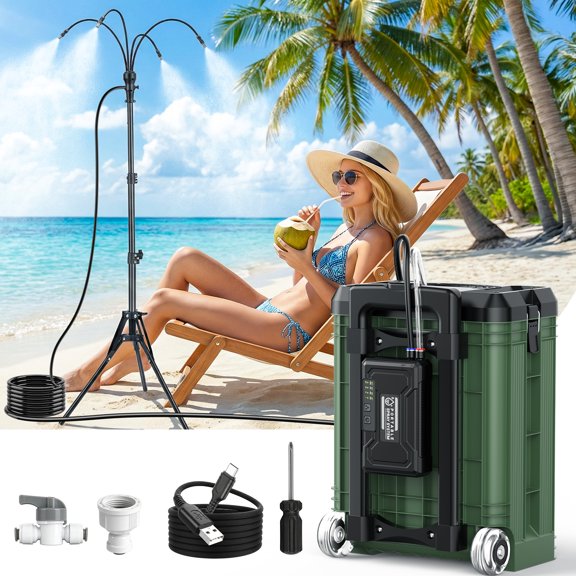 Tanbaby Standing Misters Set with 15L Bucket, 10000mAh Portable Misting Cooling System for Outside Patio, 3.9FT Adjustable Height for Outdoor BBQ, Beach, Pool, Sprinkler, Camping