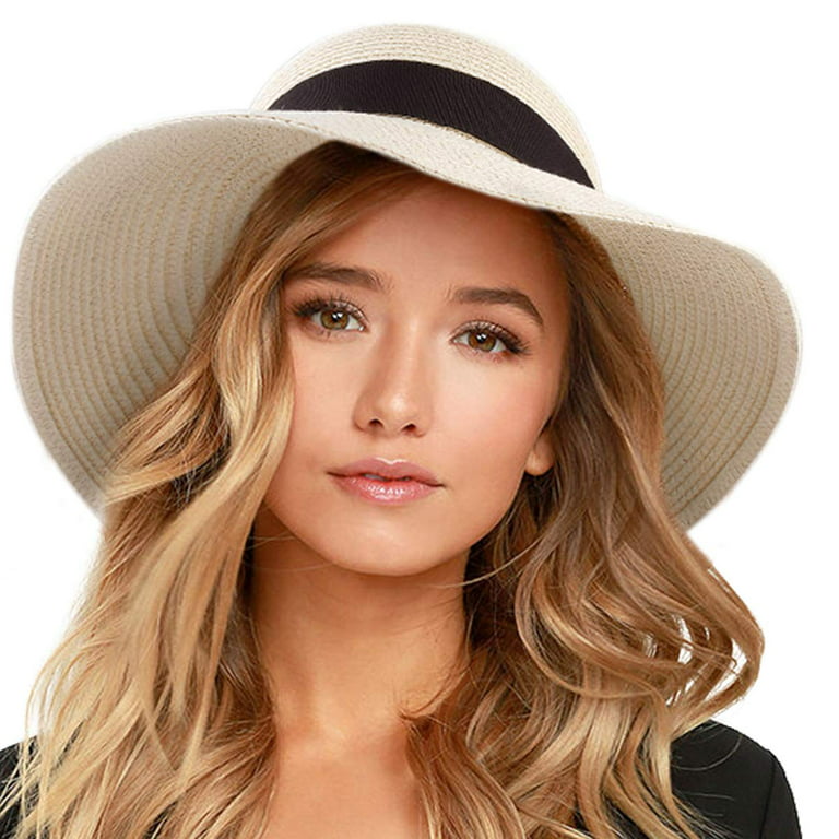 Tancuzo Sun Hats for Women Summer UPF50 Wide Brim Hat Travel Foldable Packable Straw Beach UV Cap,Beige, Women's, Size: One Size