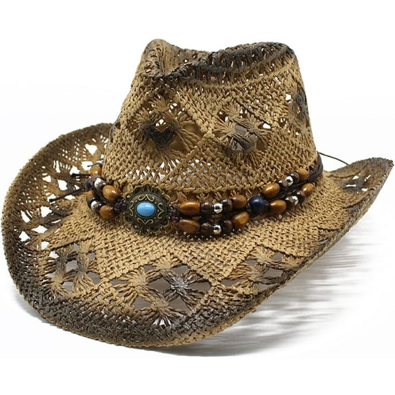 Tancuzo Western Cowboy Straw Hat Vintage Beach Men & Women's Woven Straw-Hat Wide Brim Cowgirl Hat,Brown