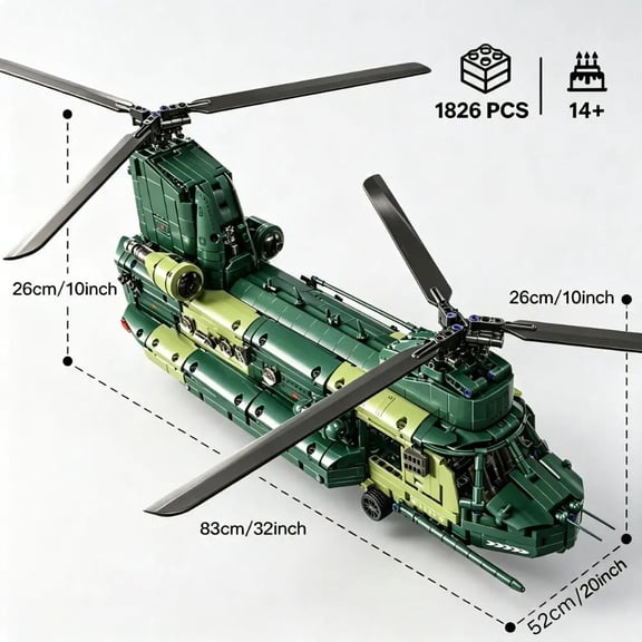 Tandem Rotor Helicopter Building Blocks Heavy Transport Army Aircraft Construction Bricks Model Chinook Chopper Building Kit Helicopter Toy Airplane Brick Set Rotating Propellers Cargo Ramp Rollable