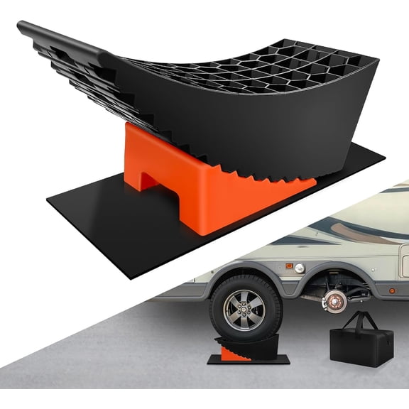 Tandem Trailer Tire Change Ramp Lifts Up to 6.3 Inch, Heavy Duty RV Leveling Block with Wheel Chocks & Carry Bag, Dual Axle Tandem Wheel Aid for Camper Travel Trailer, 1 Pack