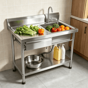 Tanfengu 1-Drawer Stainless Steel Sink Station, Prep Table, Storage Cabinet, 198 lbs Load, 360  Swivel Faucet, for Commercial Kitchen & Backyard BBQ