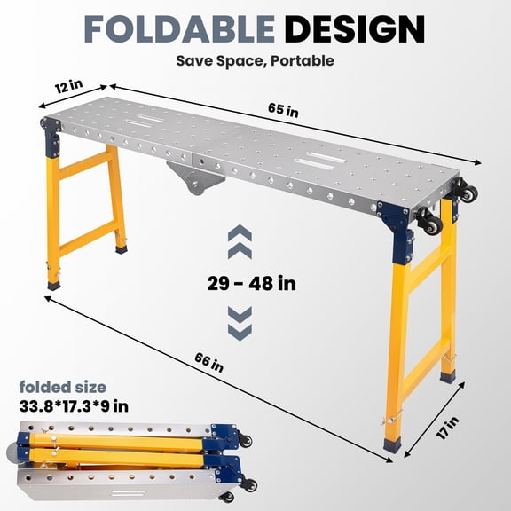 Tanfengu 1100 lbs Adjustable Job Site Bench, 5-Level Height Metal Welding Platform, Collapsible Industrial Workbench with Swivel Wheels for Fabrication & Repair