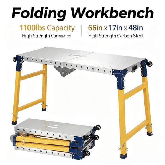 Tanfengu 1100lbs Capacity Folding Welding Table, 5 Adjustable Heights Welding Table, Carbon Steel Welding Workbench for Construction Use, Silver Yellow