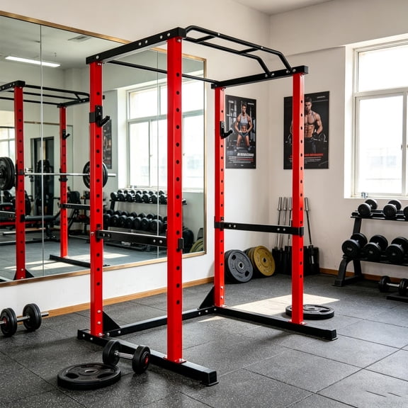 Tanfengu 1200 lbs Stable Pull Up Station, Adjustable Thick Steel Power Cage, 2"x2" Square Frame Squat Stand for Home Gym, Red