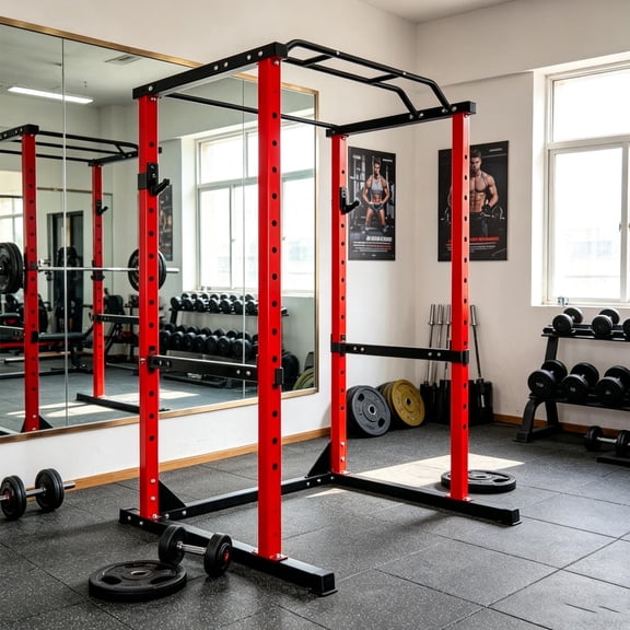 1200 lbs Stable Pull Up Station, Adjustable Thick Steel Power Cage, 2"x2" Square Frame Squat Stand for Home Gym, Red