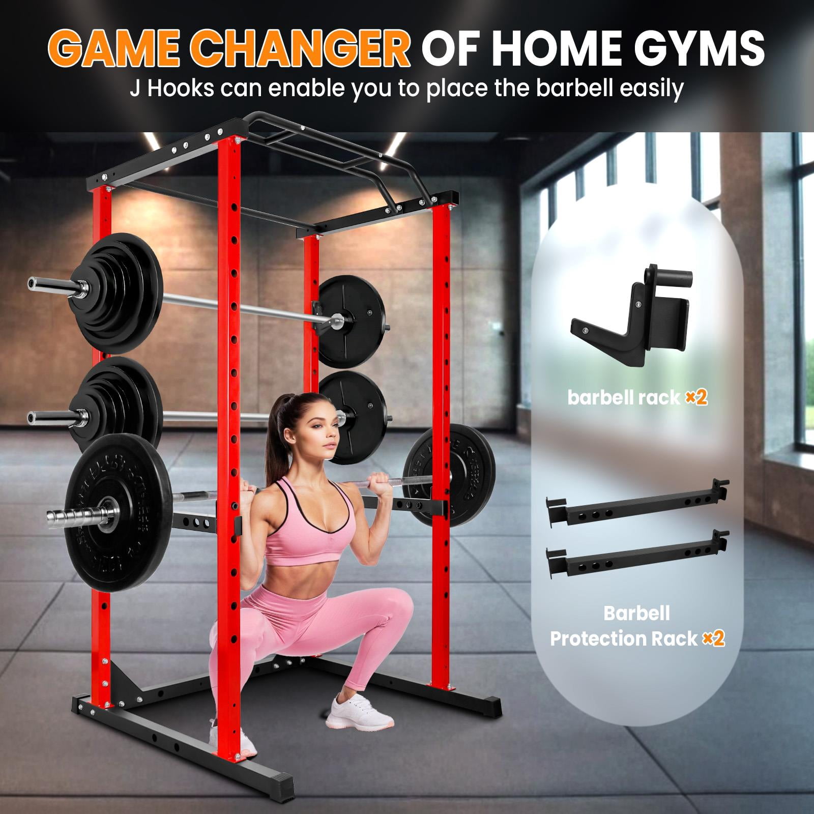 Tanfengu 1200LBS Power Cage Squat Rack, Heavy-Duty Steel Power Rack with Adjustable Safety Bars & Pull-Up Bar, for Home Gym Strength Training（Red）