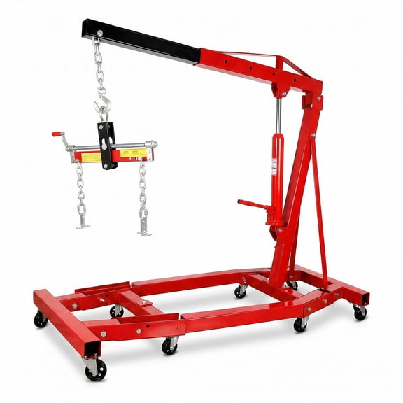 Tanfengu 2 Ton Foldable Engine Hoist with 4400lbs Load Capacity, Red Hydraulic Shop Crane with 6 Casters & Leveler for Garage, Warehouse
