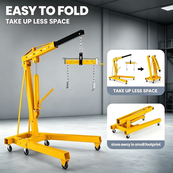 Tanfengu 2-in-1 Engine Hoist & Leveler Set, Foldable Shop Crane, Space-saving Engine Lifting Tool for Workshop, Yellow