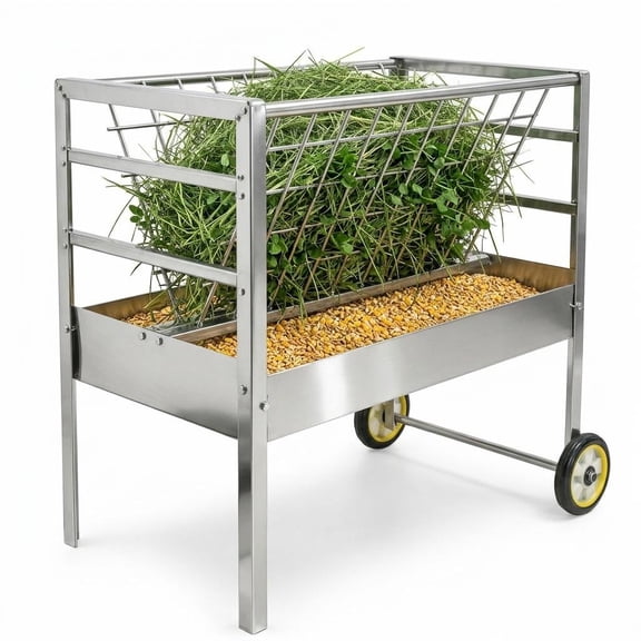 Tanfengu 2-in-1 Livestock Hay Feeder Cart, Heavy Duty Corrosion Resistant Galvanized Steel Feeder, 45 Inch Large Capacity Mobile Feed Rack with Wheels for Farm Pasture