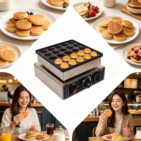 Tanfengu 25-Hole 900W Mini Pancake Maker, 11x11x6.7in Compact Size, Stainless Steel Non-Stick Electric Griddle for Home Kitchen, Snack Shop