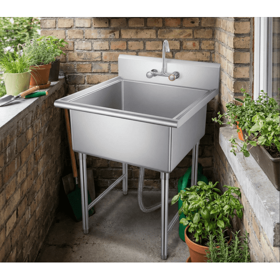 Tanfengu 27in Freestanding Basin, Utility Sink, Drain Trough, 20x15in Large Cavity, 7in Anti-Splash Stainless Steel Design for Laundry Room & Restaurant