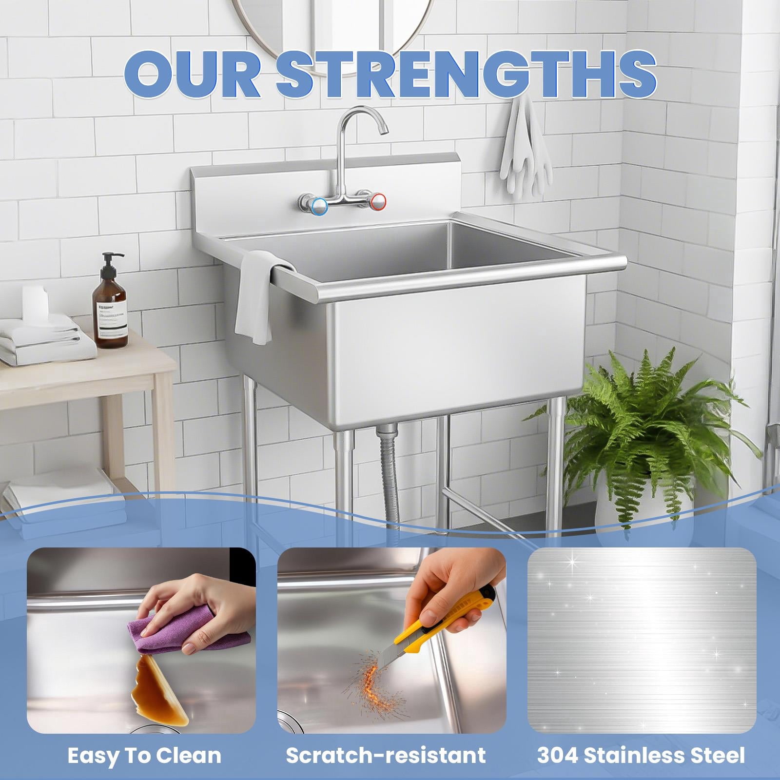 Tanfengu 27in Self Supporting Sink, Catering Trough, Daily Wash Basin, 20x15in Spacious Interior, 7in Durable Stainless Steel Construction for Pet Room & Farm