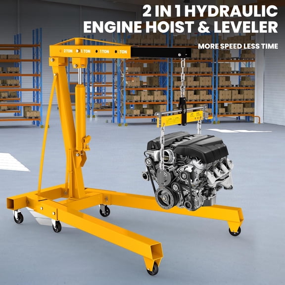Tanfengu 2ton 4400lbs 2-in-1 Engine Hoist, 4-position Adjustable Engine Leveler, Shop Crane with 6 Universal Casters for Auto Repair Garage, Yellow