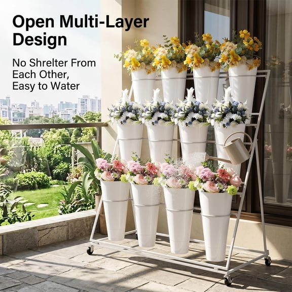 Tanfengu 3-Tier Flower Stand 12 Pots, Plant Display Rack Mobile with Wheels, Florist Cart for Florist Shop and Garden White