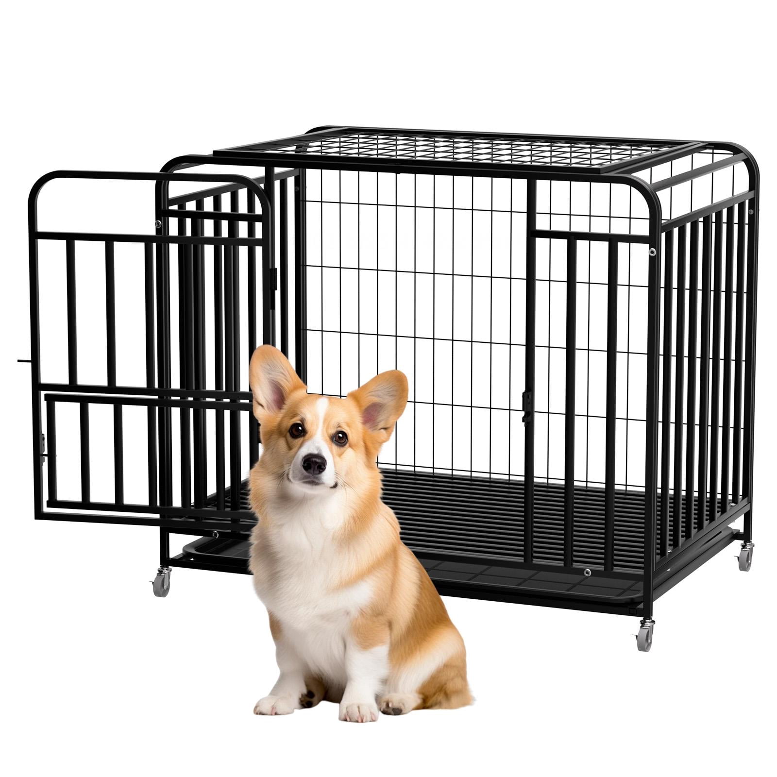 Tanfengu 36.4in x 25in x 32.6in Dog Cage, Alloy Steel Dog Crate for Small Medium Dogs, Black Kennel with Detachable Tray for Indoor Outdoor
