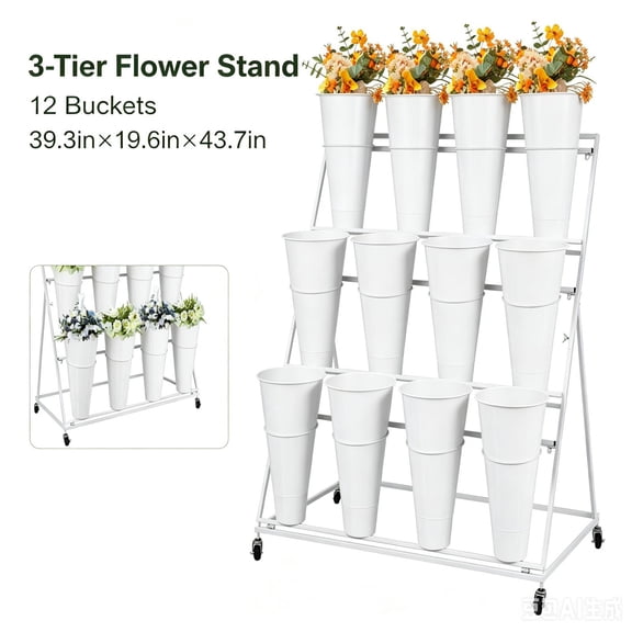 Tanfengu 39.3in19.6in43.7in Anti-rust Flower Display Rack, Freestanding Plant Stand, Mobile Flower Bucket Cart for Mall & Courtyard, White