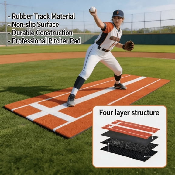 Tanfengu 4 Layer Structure Softball Pitching Mat, Artificial Turf Baseball Pitching Mat, Thickened Practice Pitching Mat for Long Time Daily Use, Red