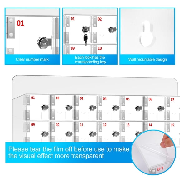 Tanfengu,40-Slot Cell Phone Locker, Clear Acrylic Lockable Storage Organizer with Removable Top Sign for School Gym Office, Wall Hanging Phone Box