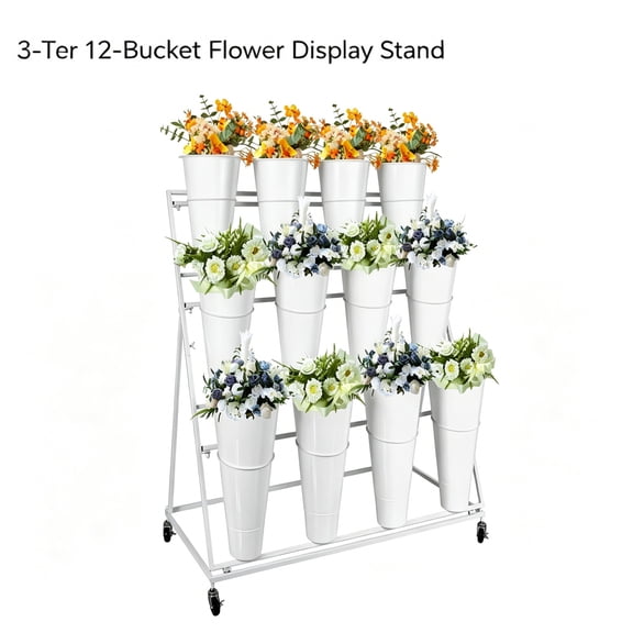 Tanfengu 43.7in Florist Cart with Wheels, Flower Stand 3-Tier, Plant Display Rack 12 Buckets for Wedding and Market Stall White