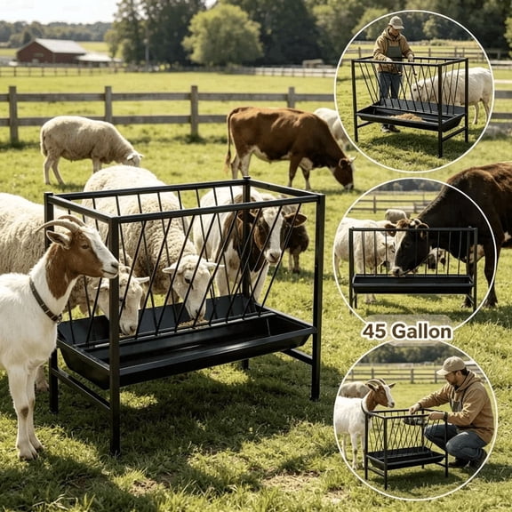 45 Gallon Heavy Goat Hay Feeder,Galvanized Steel Sheep Trough , Freestanding Goat Hay Feeder with Hay Rack , Pasture Feeder with Rust-Proof,Black