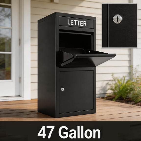 Tanfengu 47gal Capacity Package Delivery Boxes, Weatherproof Powder Coated Adorn Mailbox, Galvanized Steel Parcel Drop Boxes for Apartment Entrance Black