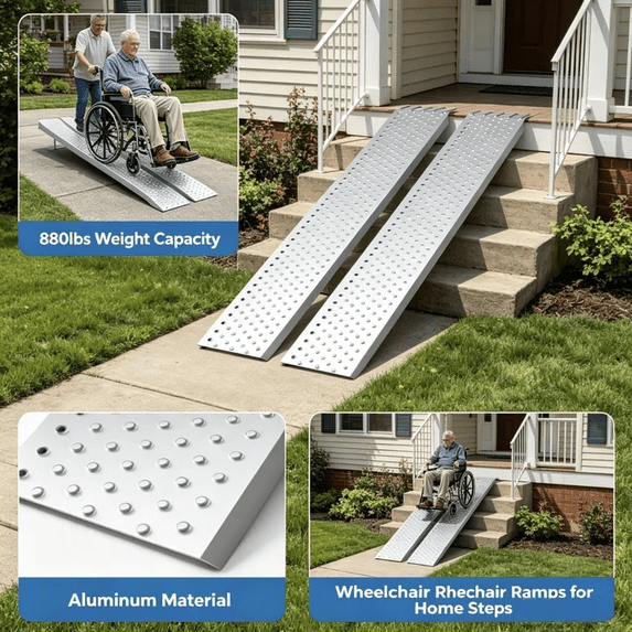 Tanfengu 63in 880 lbs Aluminum Loading Ramp, 2 Pack Anti-Slip Wheelchair Ramp, Portable Car Ramp for Steps Doorways Truck, Silver
