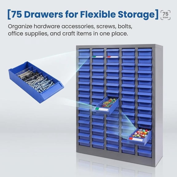 Tanfengu 75 Grids Parts Organizer Cabinet, Heavy Duty Rustproof Steel Blue Drawer Storage Box, Multi Grid Screw Nut Small Parts Container for Hardware Store Warehouse Machine Shop Garage Workshop