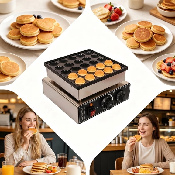 Tanfengu 900W Electric Pancake Maker, 110V 25 Holes Muffin Maker, Stainless Steel Mini Pancake Maker with Accessories for Commercial & Home Use