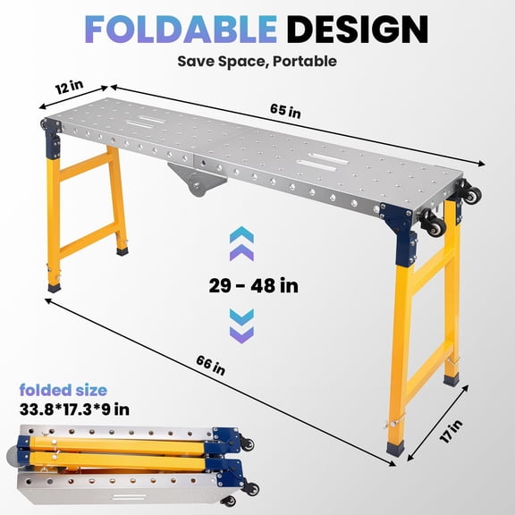 Tanfengu Adjustable Height Welding Workbench, 1100lb Heavy Duty Foldable Steel Platform with Wheels for DIY & Construction Use