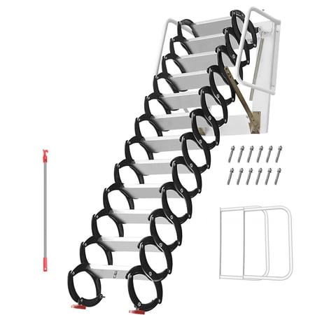 Tanfengu Attic Ladder, 1200 lbs Capacity Foldable Wall-Mounted Ladder, Titanium-Magnesium Alloy Anti-Slip Pull-Down Loft Ladder with Handrail for Home Attic, White