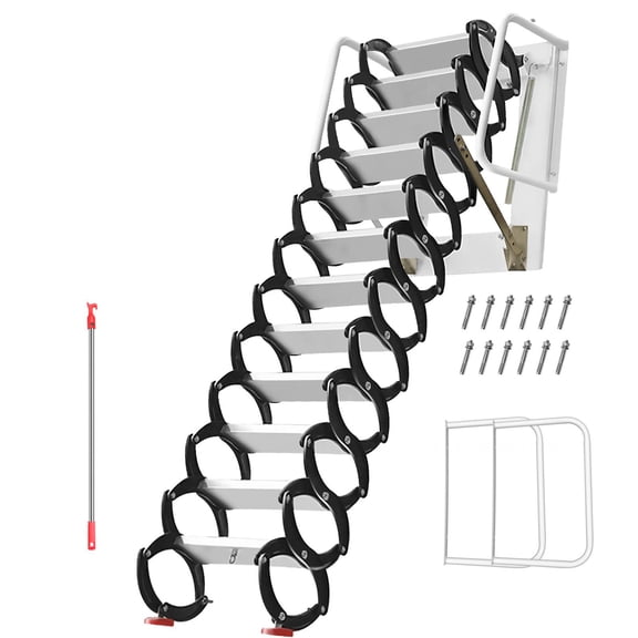 Tanfengu Attic Ladder, 1200 lbs Capacity Foldable Wall-Mounted Ladder, Titanium-Magnesium Alloy Anti-Slip Pull-Down Loft Ladder with Handrail for Home Attic, White