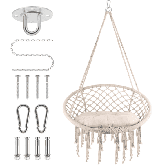Tanfengu Boho Hammock Chair, Macrame Hanging Swing Chair, Decorative Chair for Indoor & Outdoor, with Hardware Kit, Beige