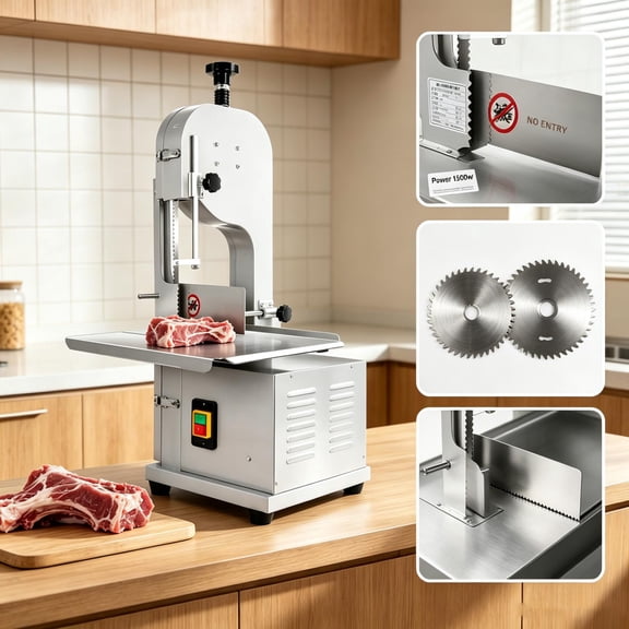 Tanfengu Bone-cutting machine 330-441lbs/h Output Electric Meat Bandsaw 72.5lbs Stable Body Frozen Meat Cutter 110V US Plug for Food Processing Factories Silver