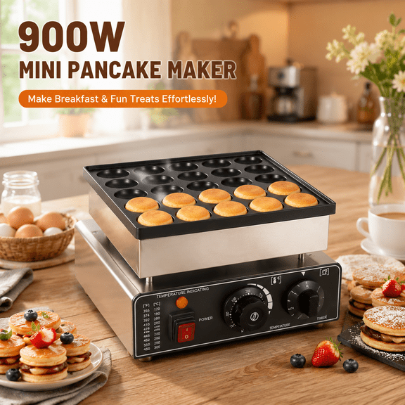 25 Holes Mini Pancake Maker, 900W Electric Poffertjes Maker with Non-Stick Stainless Steel Plate, Adjustable Temperature Control, Dutch Mini Pancake Machine for Home Breakfast, Parties and Cafes