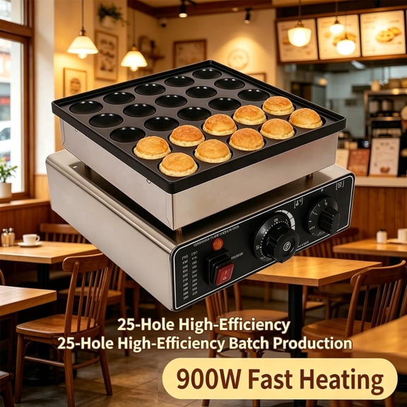 Tanfengu 25 Holes Mini Pancake Maker, 900W Dutch Pancake Maker, Stainless Steel Electric Pancake Maker with Adjustable Temp for Breakfast Shop, Café