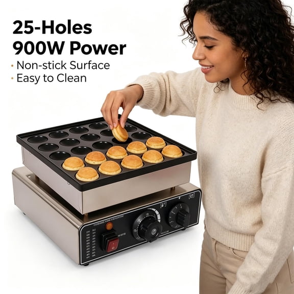 25 Holes Mini Pancake Maker, 900W Dutch Pancake Maker, Stainless Steel Electric Pancake Maker with Adjustable Temp for Breakfast Shop, Café