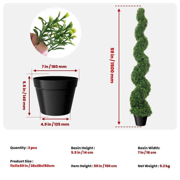 Tanfengu Co.ltd.59in Green Double-Piece Artificial Spiral Topiary. PE Anti-Rust Steel Frame Faux Topiary Tree. Easy-Assembly Potted Plants for Indoor Outdoor Use