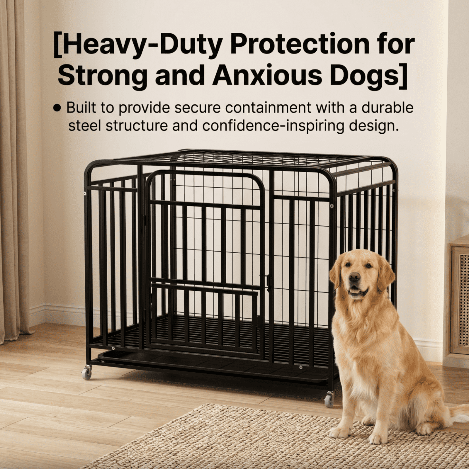 Tanfengu Dog Cage with Locking Wheels, 36.4in Black Alloy Steel Dog Crate, Top & Side Door Kennel for Small Medium Dogs, Indoor Outdoor