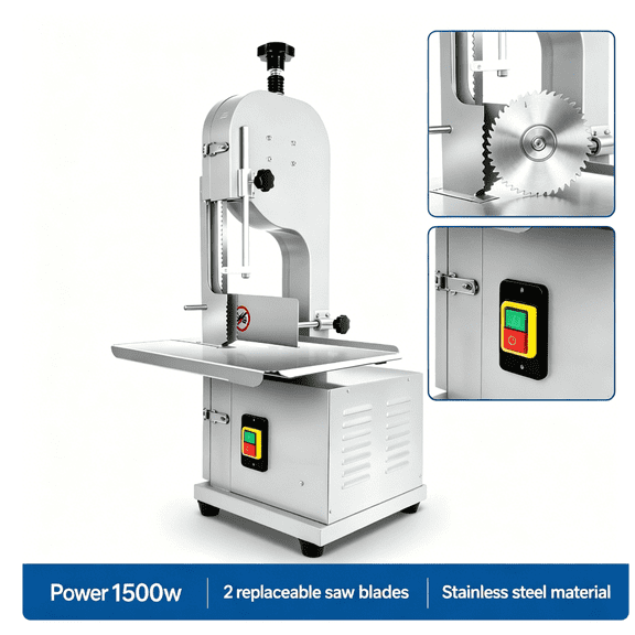 Tanfengu Electric Bone Saw Machine 1500W High Power Frozen Meat Cutter 7.8in Max Thickness Bone-cutting machine 19.315.3in Workbench for Commercial Butcher Shops Silver
