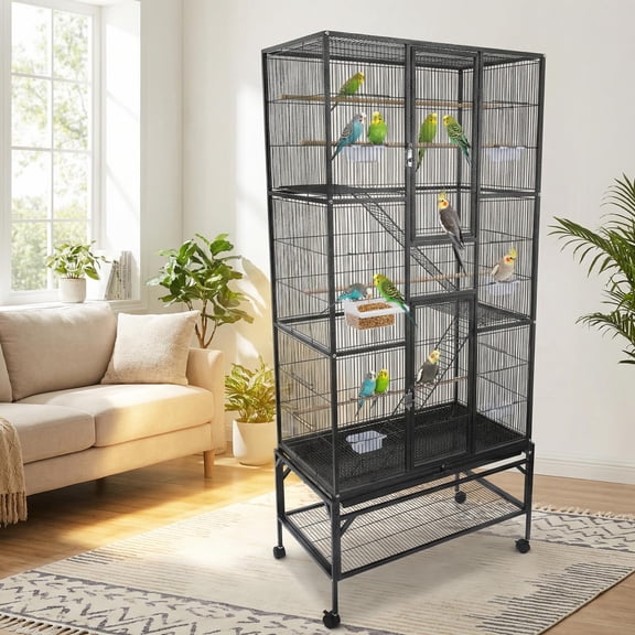 Tanfengu Extra Large Bird Cage 69x31x18 Inch Low-Carbon Steel Anti-Rust Coating, Secure Locking Flight Cage for Bird Breeding, Easy-Clean Bird Cage Large with 6 Feeding Cups and 4 Wooden Perches