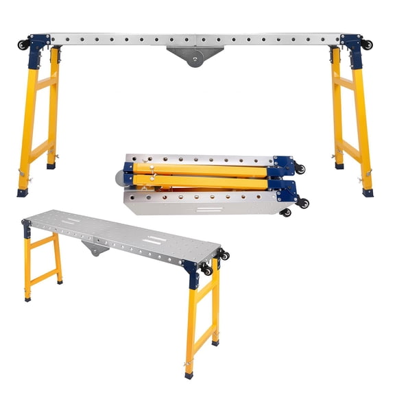 Tanfengu Foldable Work Platform, Adjustable Height Scaffolding Platform with Wheels, Anti-Slip Step Ladder for Car Cleaning, Silver & Yellow