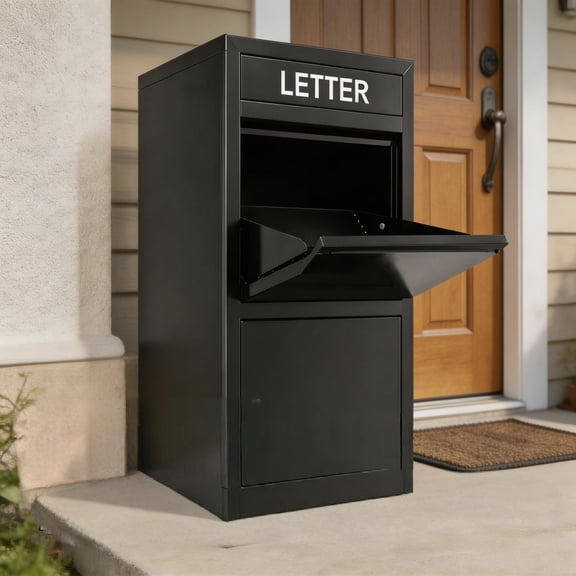 Tanfengu Galvanized Steel 47gal Capacity Adorn Mailbox, Key Lockable Parcel Drop Boxes, Weatherproof Powder Coated Package Delivery Boxes for Residential Porch Black