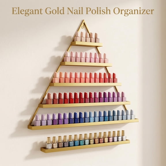 Tanfengu Gold 10-Piece Nail Polish Display Rack, 5-Tier Triangle Shelves with Large Capacity, Premium Metal Organizer for Spa & Home