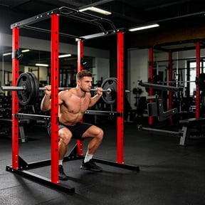 Heavy-duty Steel Squat Rack, 1200 lbs Power Cage, Sturdy Home Gym Rack for Strength Training, Red