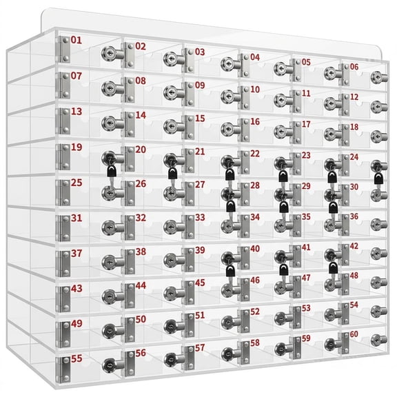Tanfengu Independent Lock Design 60 Slots Cell Phone Locker, Clear Acrylic Wall Mounted Storage Box with Digital Number Plate, Anti-theft Compartment Cabinet for Classroom Factory & Office