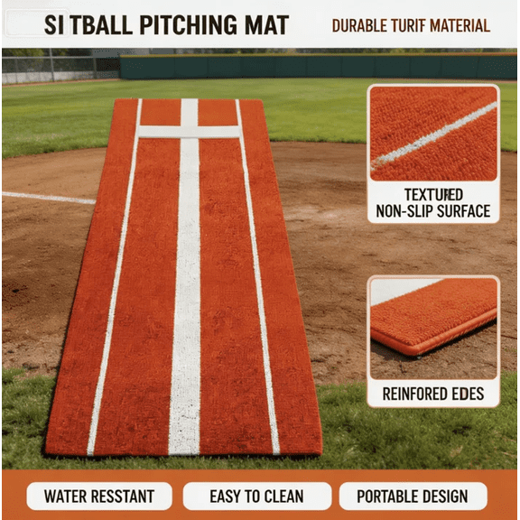 Tanfengu Non Slip Softball Pitching Mat, Shock Absorbing Baseball Pitching Mat, Rollable Practice Pitching Mat for Backyard Player Training, Red