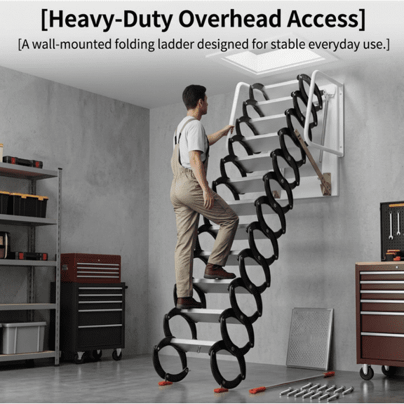 Tanfengu Pull-Down Ladder, 1102 lbs Capacity Anti-Slip Attic Ladder, Foldable Titanium-Magnesium Alloy Wall-Mounted Loft Ladder with Handrail for Ceiling Access, White